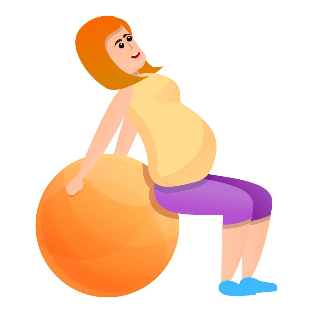 Pregnant girl and fitness ball icon. Cartoon of pregnant girl and fitness ball vector icon for web design isolated on white background. Pregnant girl and fitness ball icon, cartoon style