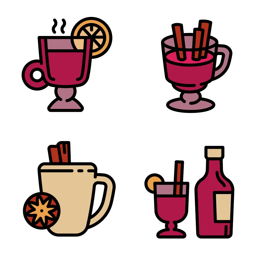 Mulled wine icons set. Outline set of mulled wine vector icons for web design isolated on white background. Mulled wine icons set, outline style