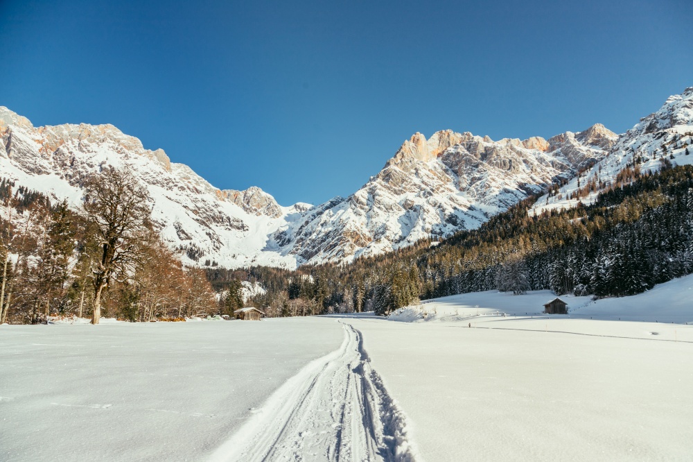 Beautiful idyllic winter landscape with footpath, stunning mountain range, snowy trees and blue sky