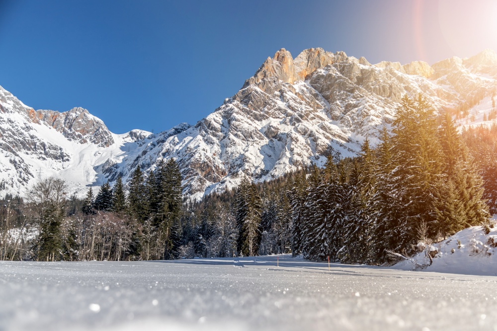 Beautiful idyllic winter landscape: stunning mountain range, snowy trees and blue sky