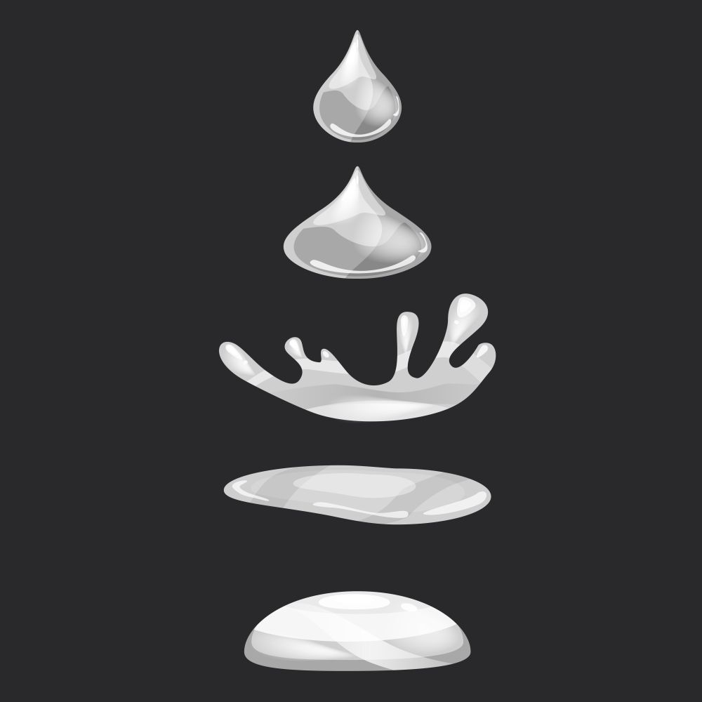 A drop of liquid, water falls and makes a splash. Drop of liquid, water falls and makes a splash. Phases, frames, for animation, cartoon style, vector, isolated