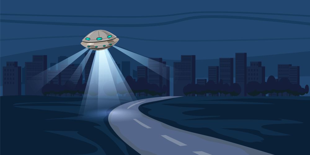 UFO flying over night city, metropolis, houses, skyscrapers expensive. UFO flying over night city, metropolis, houses, skyscrapers, expensive, vector, illustration