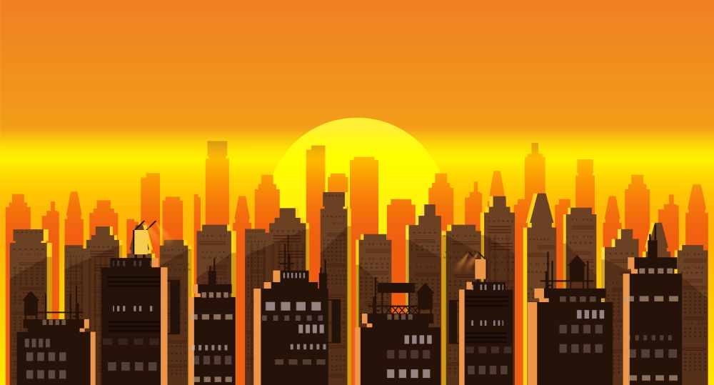 Cityscape sunset. Modern city skyline panoramic vector background. Cityscape sunset. Modern city skyline panoramic vector background. Urban city tower skyscrapers skyline illustration, isolated, illustration