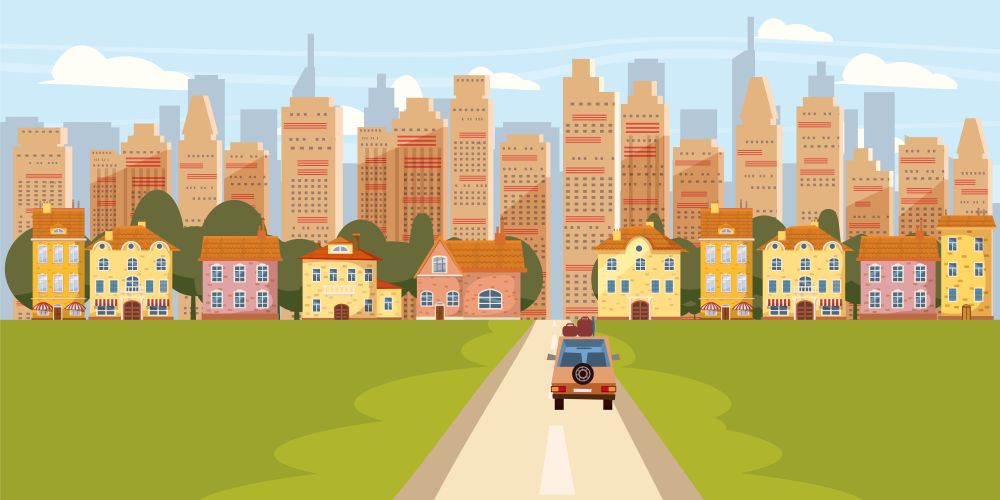 Cityscape Background Modern City Panorama With Road Suburban. Cityscape Background Modern City Panorama With Road Suburban Downtown Over Skyscrapers Skyline Silhouette Cartoon Vector Illustration
