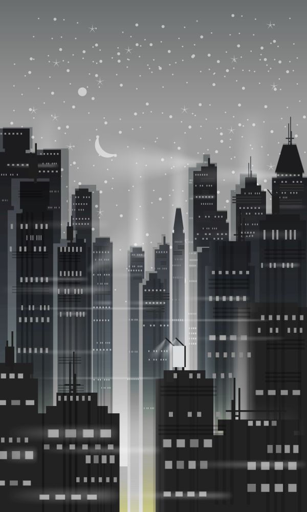 Night city, city scene, skyscrapers, towers, starry sky, lights horizon perspective vector isolated. Night city, city scene, skyscrapers, towers, starry sky, lights, horizon, perspective, background, vector, isolated