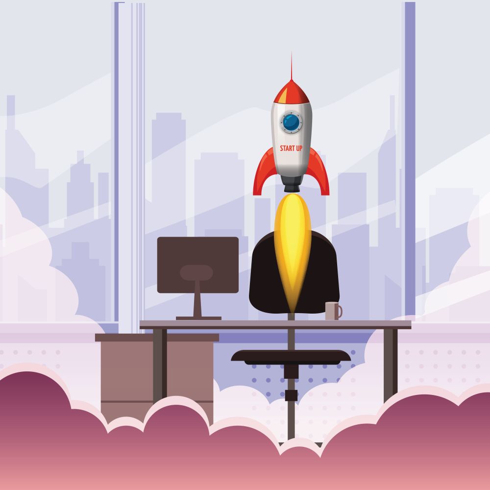 Successful start up, Rocket launch, offise, ship, vector, illustration concept of business product on a market, isolated. Successful start up, Rocket launch, offise, ship, vector, illustration concept of business product on a market.