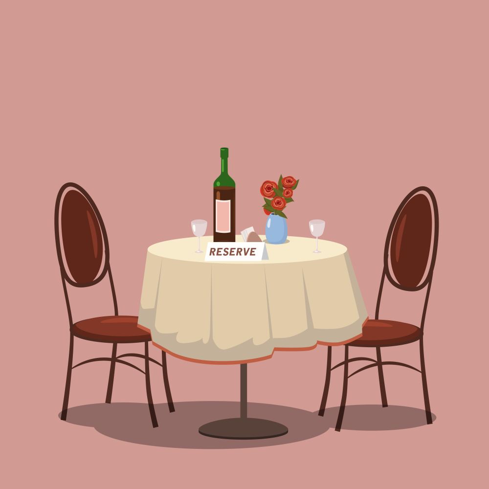 Table for two reserved. Wine bottle and two glasses, flowers on the table, white tablecloth, two chairs. Table for two reserved. Wine bottle and two glasses, flowers on the table, white tablecloth, two chairs, cafe. Cartoon style, template, vector illustration, isolated