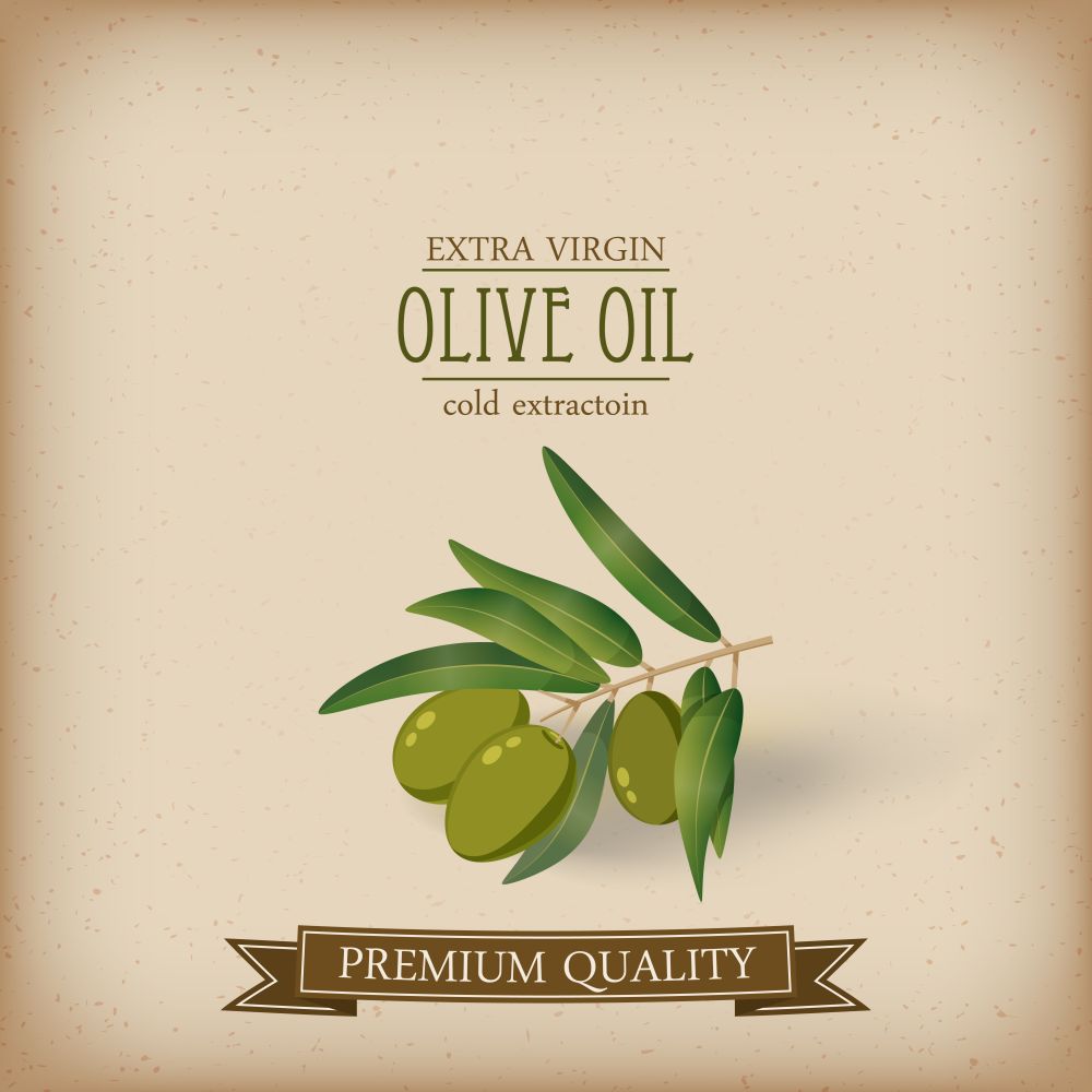 Olive oil label pattern, vector isolated. Olive branch oil label cartoon style, vector, isolated