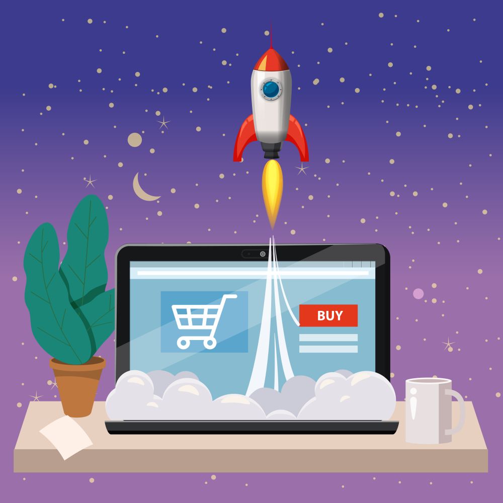 Open laptop with purchase screen, concept, launch of online store, launching rockets, vector. Open laptop with purchase screen, concept, launch of online store, launching rockets, vector, illustration