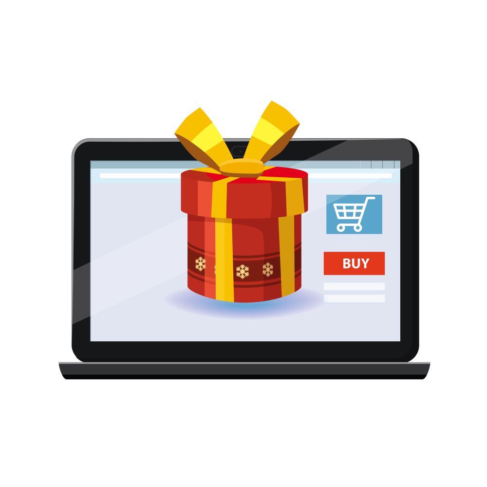 Mobile Online Store concept. Holiday red gift box. Laptop, notebook. Mobile Online Store concept. Laptop, noteebook. Holiday red gift box. Vector illustration business design. Electronic online shop market. Digital marketing. Poster, baner, template