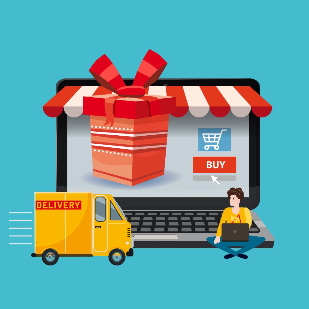 Laptop, noteebok with red gift box. Online shopping concept. Laptop, noteebok with red gift box. Delivery track, People ordering a gift Online shopping concept. Sale, e-commerce, retailing, discount theme. Creative flyer, poster template. Baner, poster, vector