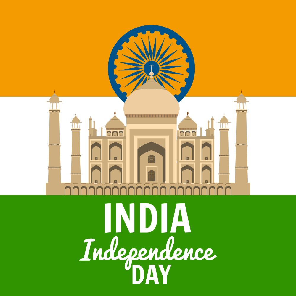 Independence Day of India, August 15, holiday, national flag, building of Taj Mahal, vector. Independence Day of India, August 15, holiday, national flag, building of Taj Mahal, vector, illustration, isolated