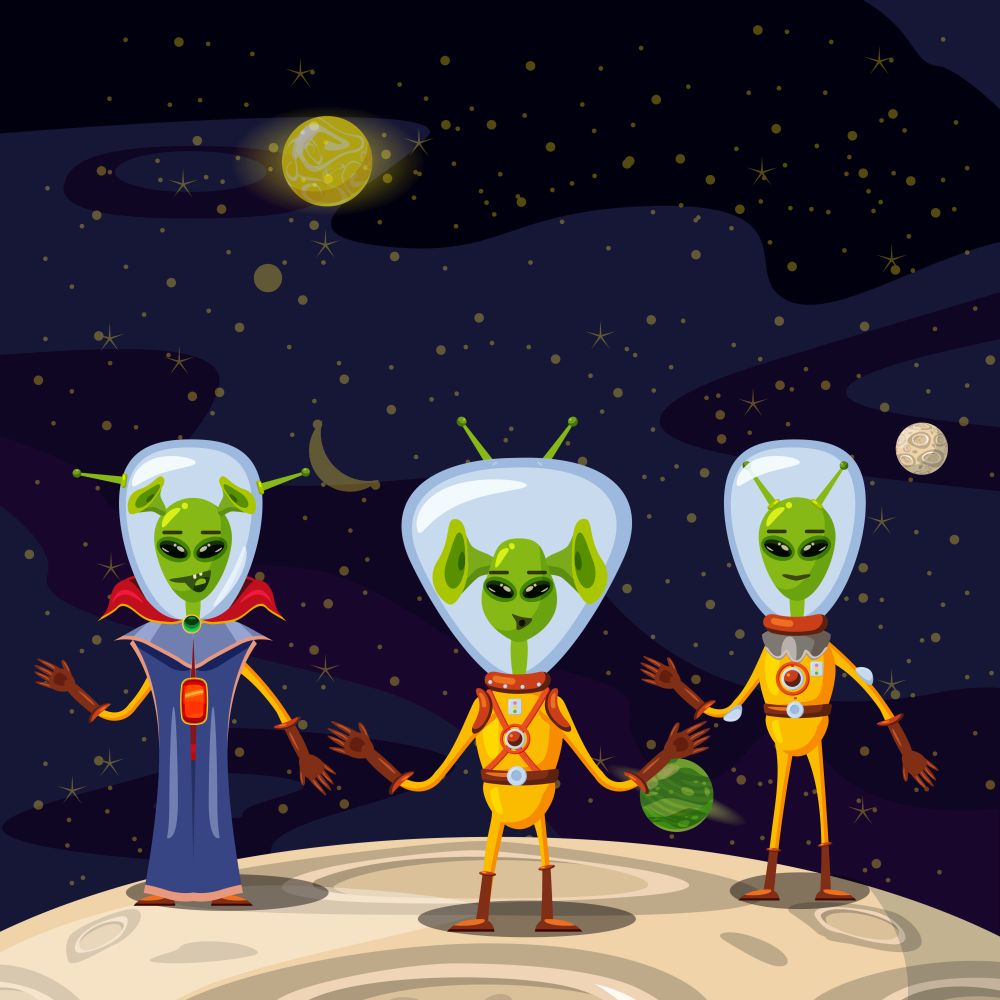 Cute Aliens In Space Suits, Spaceship Crew Cartoon Characters In space. Cute Aliens In Space Suits, Spaceship Crew Cartoon Characters In space, vector, isolated