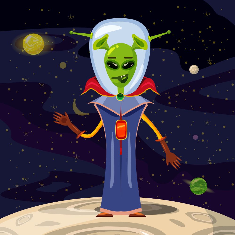 Alien in a spacesuit, cartoon style, background space, vector. Alien in a spacesuit, cartoon style, background space, vector isolated