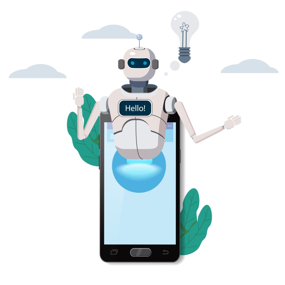 Free Chat Bot, Robot Virtual Assistance On Smartphone Say Hello. Free Chat Bot, Robot Virtual Assistance On Smartphone Say Hello Element Of Website Or Mobile Applications, Artificial Intelligence Concept Cartoon Vector Illustration