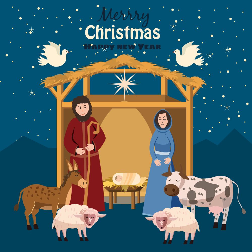 Nativity scene. Vector set of cute people, animals. Holiday background with Maria and Joseph Baby Jesus is born, vector. Nativity scene. Vector set of cute people, animals. Holiday background with Maria and Joseph Baby Jesus is born, vector, isolated