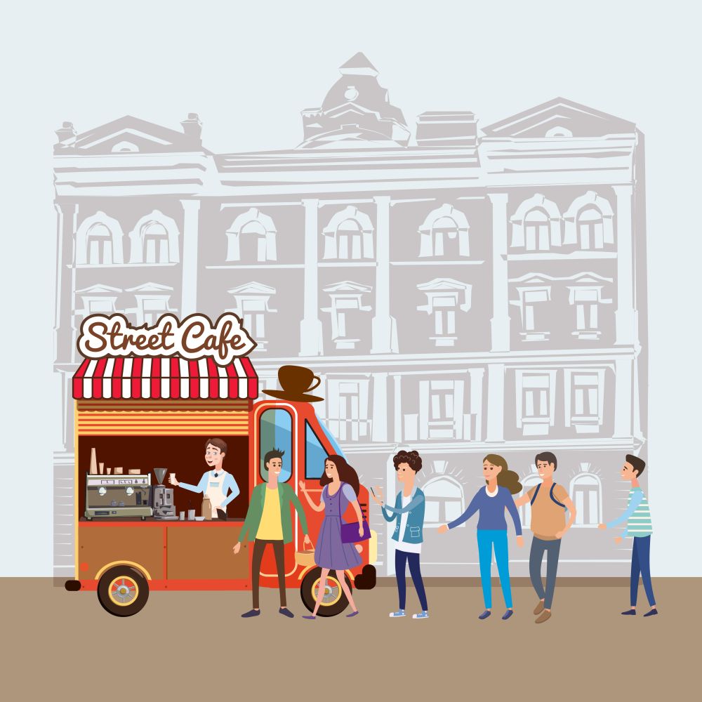 Mobile food Van, Coffe Food Truck vector, barista salesman, characters, men and women stand in line for coffee, and snacks, illustration. Mobile food Van, Coffe Food Truck vector, barista salesman, characters, men and women stand in line for coffee, and snacks, illustration, Coffee and desserts truck, vector, cartoon style