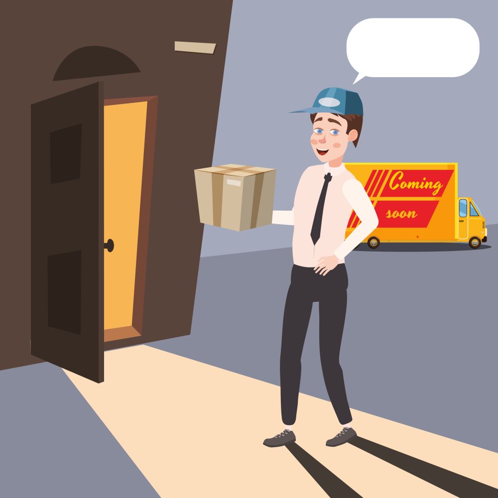 Delivery worker brings a parcel, cartoon style, isolated. Delivery worker brings a parcel, cartoon style, isolated, vector
