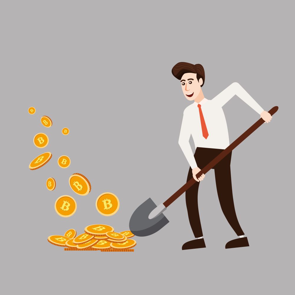 Cryptocurrency concept with businessman miner and coins. Young man with shovel working in bitcoin mine. Cryptocurrency concept with businessman miner and coins. Young man with shovel working in bitcoin mine, cartoon style, isolated