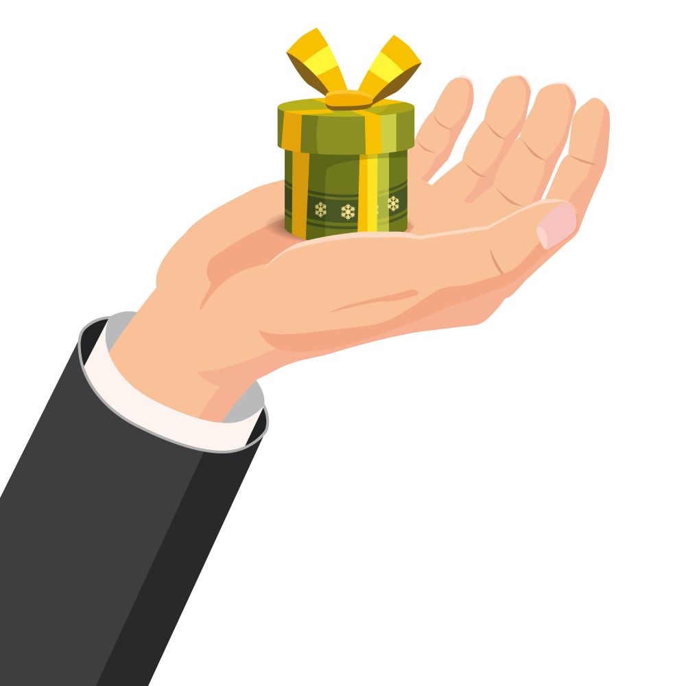 The hand that holds the box, gift. Cartoon style. The concept of delivery, victory, Christmas holiday, birthday, engagement, wedding. The hand that holds the box, gift. Cartoon style. The concept of delivery, victory, Christmas holiday, birthday, engagement, wedding. Vector, illustration, isolated