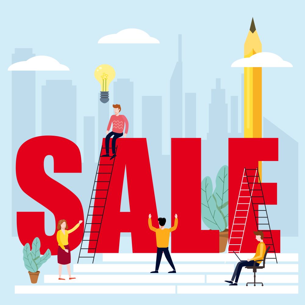 Managers And Office Workers On Business, Developing Marketing And Business Management Skills And Knowledge Set On Big Sale Word. Managers And Office Workers On Business, Developing Marketing And Business Management Skills And Knowledge Set On Big Sale Word, Modern Characters, Vector, Isolated