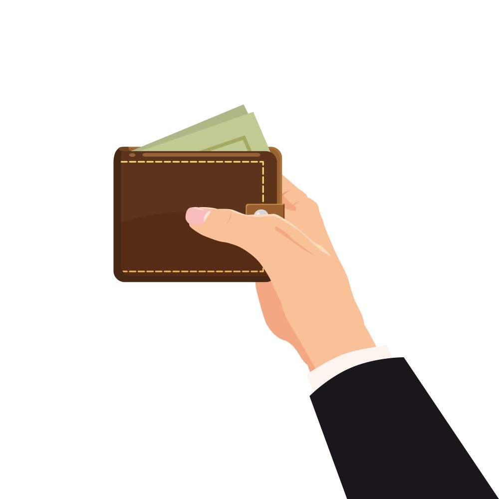 Concept with hand and wallet full of money. Online shopping.. Concept with hand and wallet full of money. Online shopping. Pay per click. Money making. Isolated. Vector illustration. Cartoon style