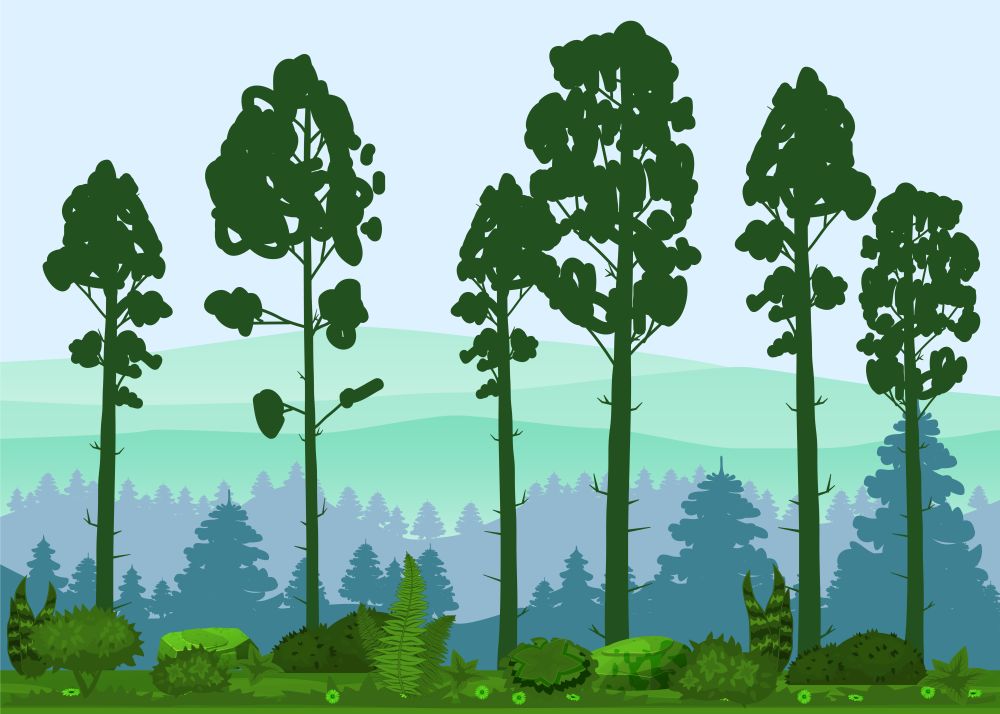 Spring beautiful landscape, forest, silhouettes of tree trunks, green color of foliage. Spring beautiful landscape, forest, silhouettes of tree trunks, green color of foliage. Panorama, horizon, nature. Vector illustration, cartoon style, isolated, banner, template, poster, card