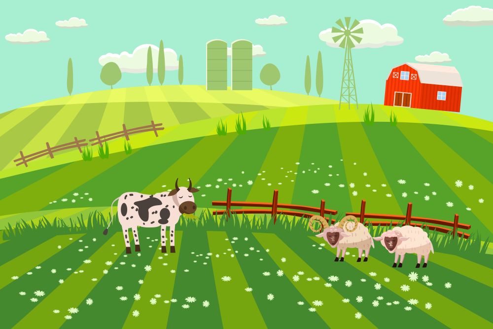 Rural countryside landscape, farmhouse, spring, summer, green meadows fields wildflowers hills. Rural countryside landscape, farmhouse, spring, summer, green meadows, fields, wildflowers, cow, bull, sheep, ram, hills, trees on the horizon, fence, vector, illustration, isolated, cartoon style