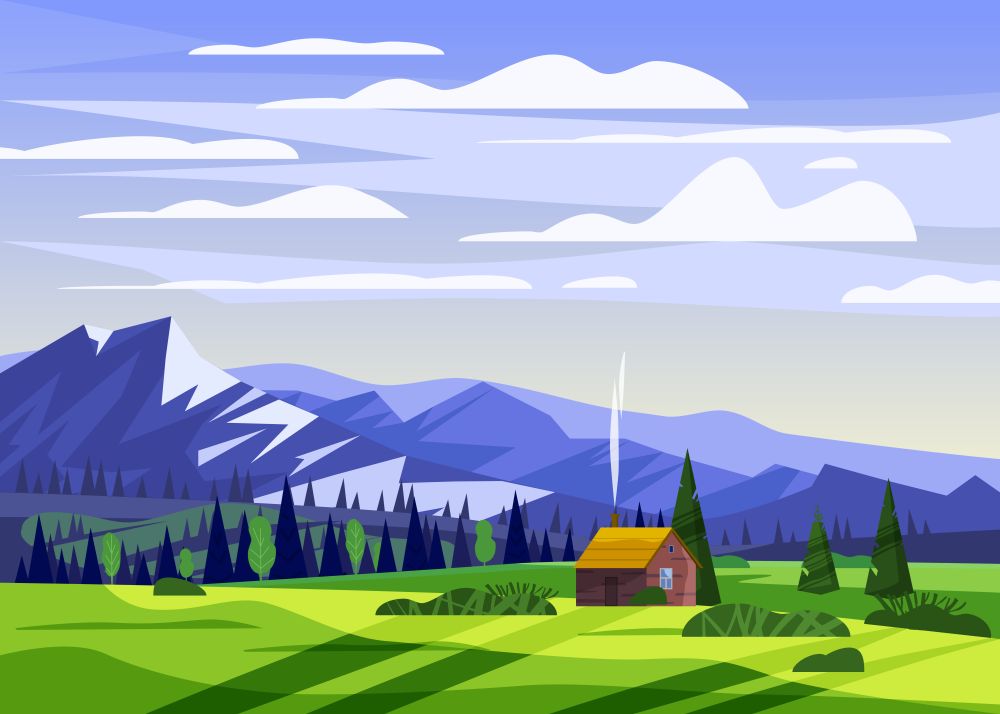Beautiful summer mountain landscape valley rural farm house countryside, green hills, bright color blue sky, meadows with mountains. Beautiful summer mountain landscape valley rural farm house countryside, green hills, bright color blue sky, meadows with mountains panorama horizon in trendy cartoon flat style and bright colors. Vector, illustration, isolated, baner, poster