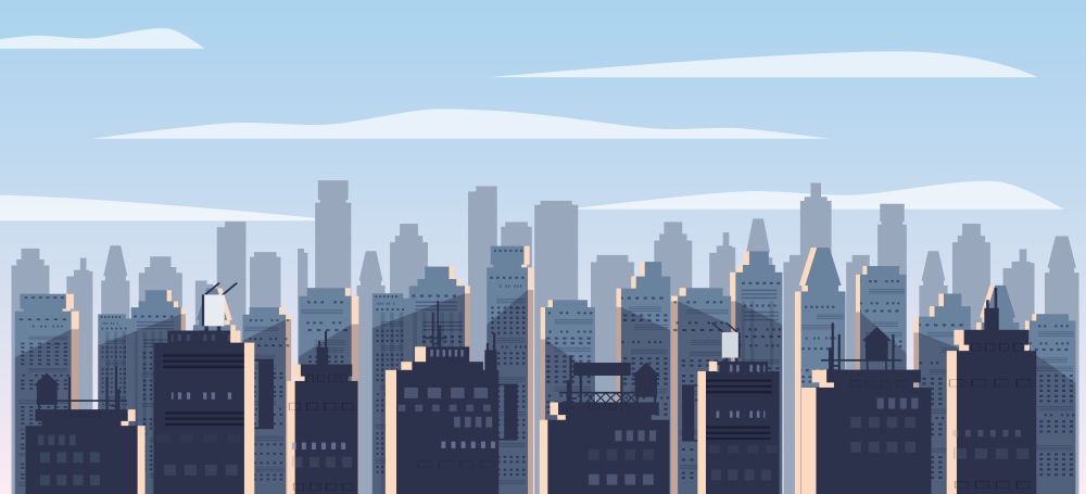 Modern City Panorama With High Skyscrapers And Subway Cityscape Background Flat Vector Illustration. Modern City Panorama With High Skyscrapers Cityscape silhouettes of houses, panorama, horizon. Background Flat Vector Illustration Isolated