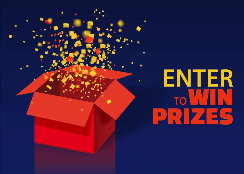Open Red Gift Box and Confetti With Colorful Particles. Enter to Win Prizes. Open Red Gift Box and Confetti With Colorful Particles. Enter to Win Prizes. Lottery Drawing Advertising Banner Template. Vector Illustration, Isolated