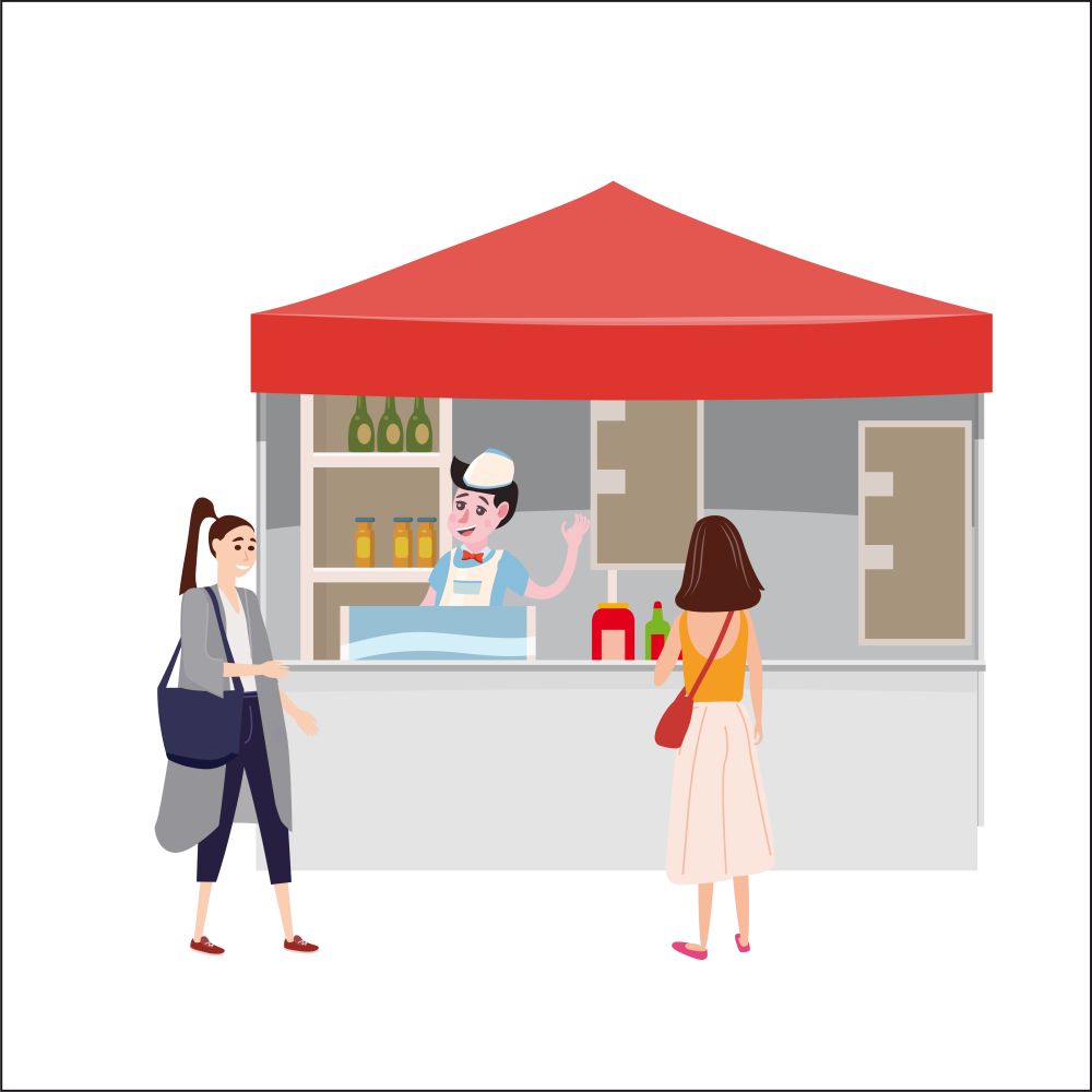 Street food drinks market talls canopy and beverages. Seller and Buyers. Street food drinks market talls canopy and beverages. Seller and Buyers. Vector, Illustration, Isolated, Banner, Template Cartoon flat