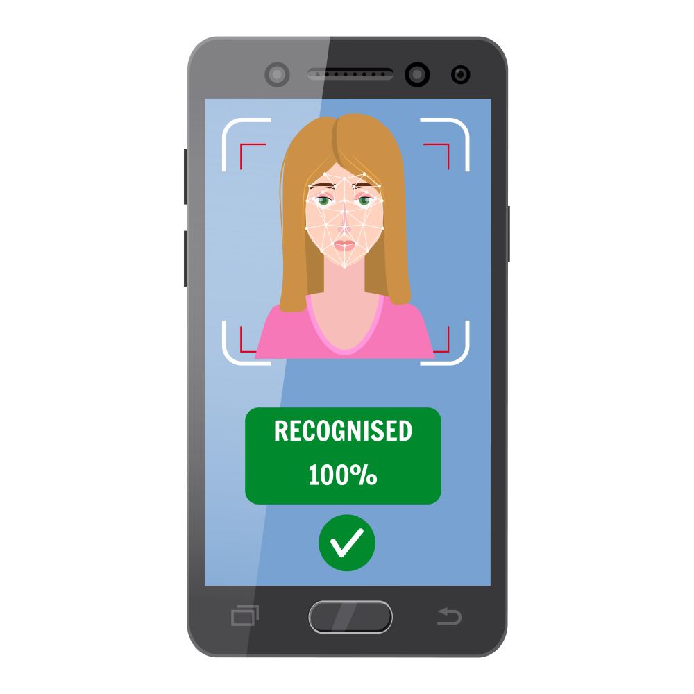 Face recognition. Identification of a biometric person, personality through the intellectual recognition system of a human face, woman. Face recognition. Identification of a biometric person, personality through the intellectual recognition system of a human face, woman. The smartphone it scans a person face, forming a polygonal mesh, a frame consisting of lines and points. Vector illustration isolated
