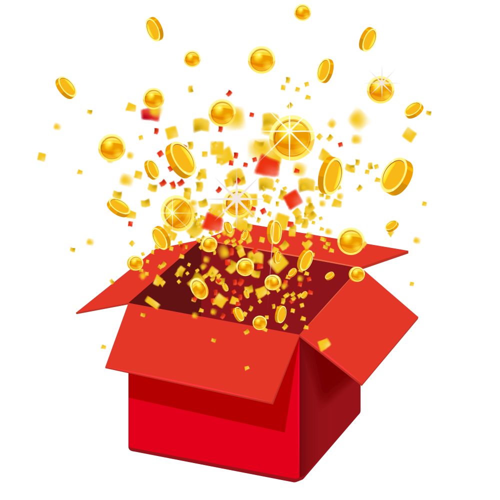 Box Exploision, Blast. Open Red Gift Box and Confetti. Box With Coins Exploision, Blast. Open Red Gift Box and Confetti. Win, lottery, quiz. Vector Illustration. Isolated, Template