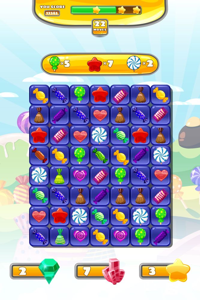 Game UI Candy Match 3 set game icons, buttons, and elements interface game design resource bar. Game UI Candy Match 3 set game icons, buttons, and elements interface game design resource bar. lollipops and sweet food for games cartoon style. Game background Vector isolated illustration