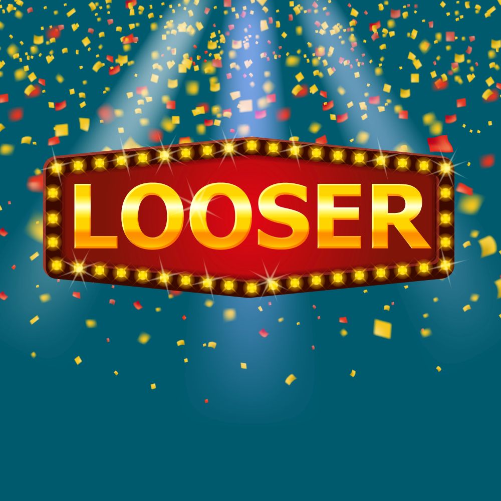 Looser frame label shiny banner with glowing lamps.. Looser frame label shiny banner with glowing lamps with gold confetti glitter. Lottery poker, cards, roulette game retro vintage. Vector illustration isolated background.