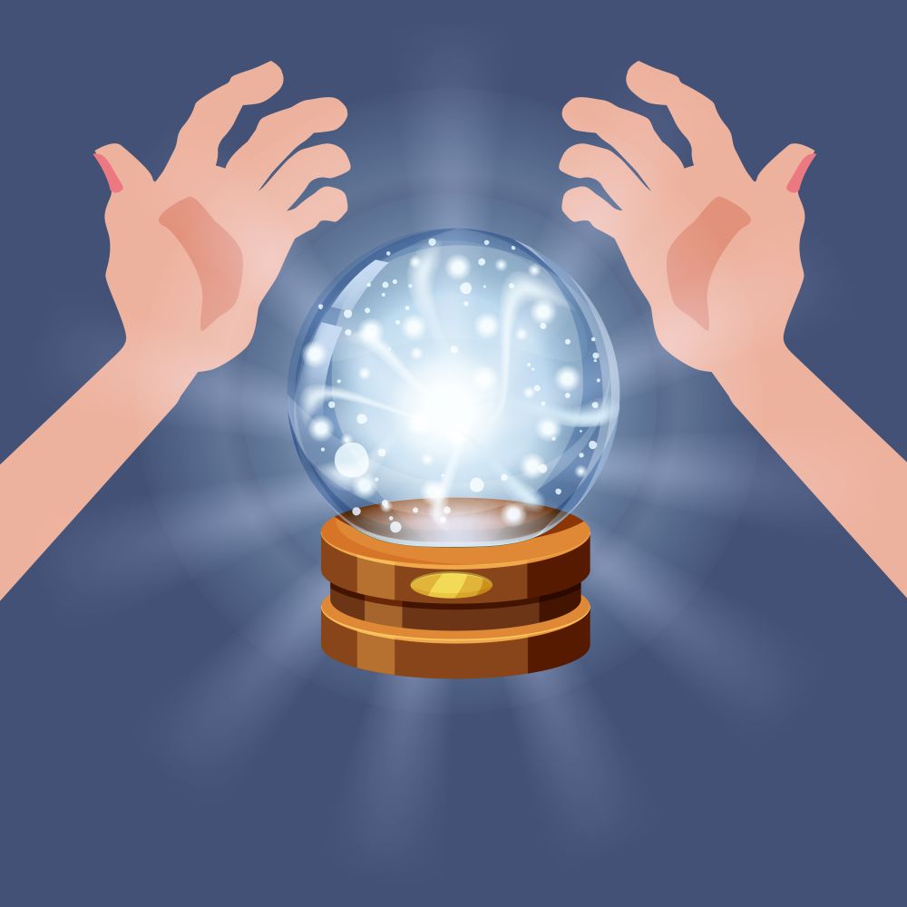 Magic crystal ball shining, open hands, magic, predictions, sphere light effects. Magic crystal ball fortune, open hands, mistery, shining, magic, predictions, sphere, light effects, glow, vector, illustration, isolated, cartoon style