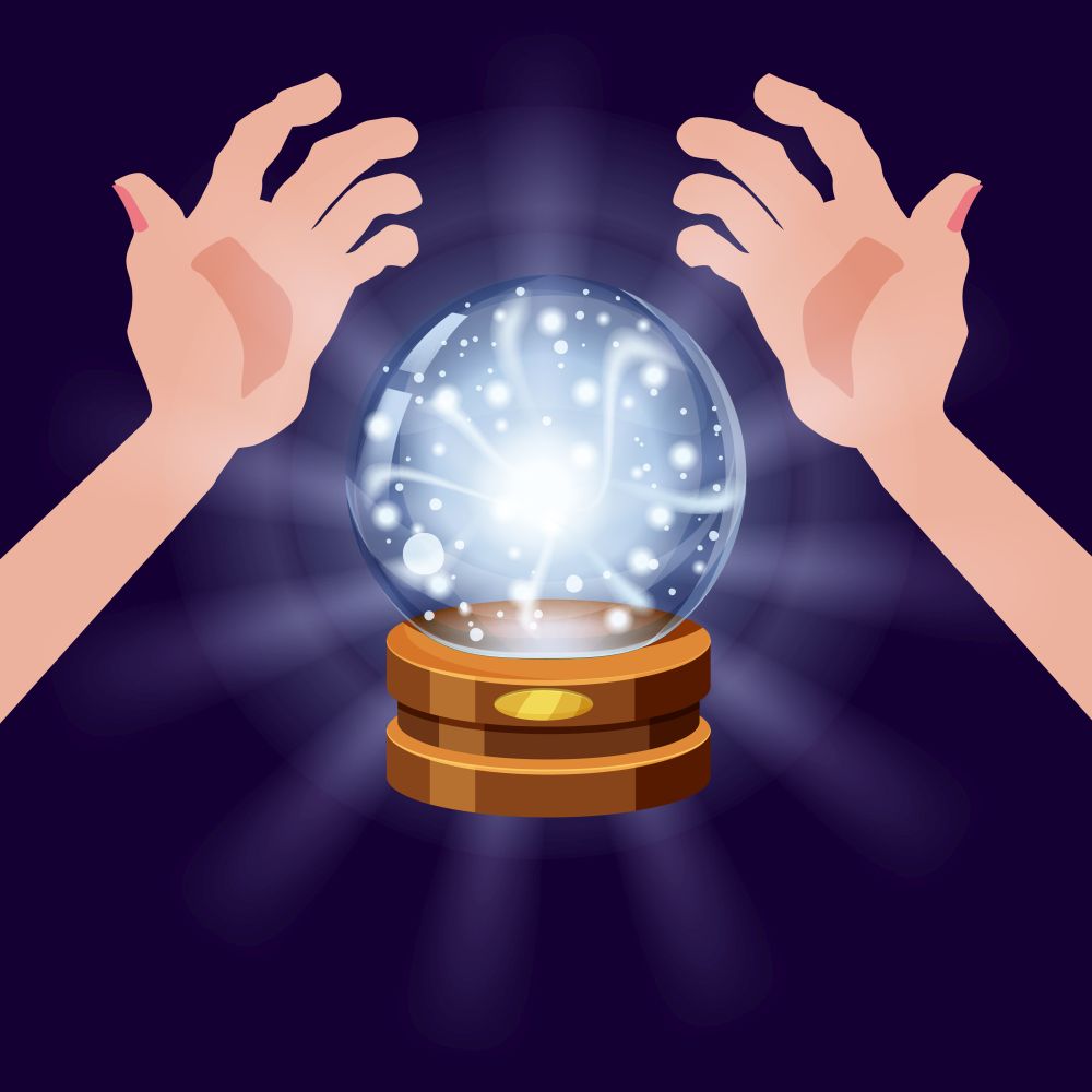 Magic crystal ball shining, open hands, magic, predictions, sphere light effects. Magic crystal ball fortune, open hands, mistery, shining, magic, predictions, sphere, light effects, glow, vector, illustration, isolated, cartoon style