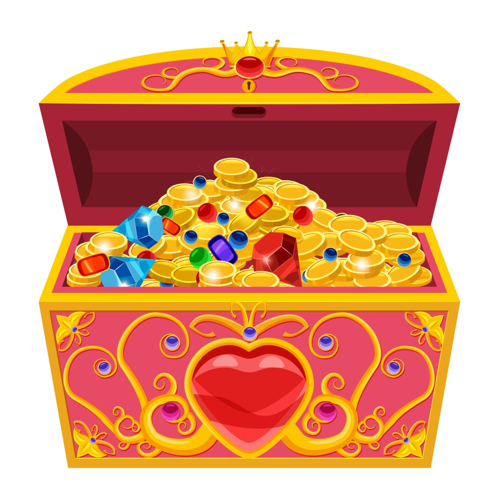 Princess treasure chest, decorated with diamonds and gold. Princess treasure chest, decorated with diamonds and gold. Jewels, coins, precious stones. Vector, illustration, cartoon style, isolated