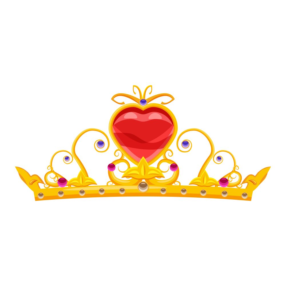 Princess Diadem with diamonds and precious stones, gold,. Princess Diadem with diamonds and precious stones, gold, crown, heart, fairy tale, attribute for beauty, cartoon style, vector, illustration, isolated on white background