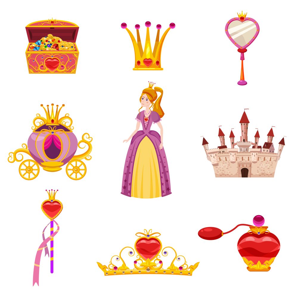Set Princess World elements and attributes of design. Set Princess World elements and attributes of design. Castle, mirror, carriage, a magic wand, treasure chest, perfume, crown. Vector, illustration, cartoon style, isolated