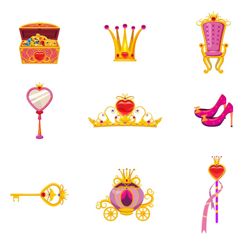 Set Princess World elements and attributes of design. Set Fairy World Princess elements and attributes of design. Mirror, shoes, magic wand, treasure chest, tiara, key, crown. Vector, illustration, cartoon style, isolated