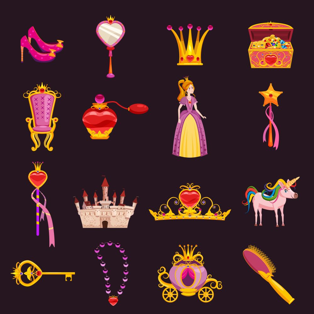 Set Princess World elements and attributes of design. Set Princess World elements and attributes of design. Castle, mirror, throne, carriage, shoes, hairbrush, magic wand, treasure chest, tiara, perfume, key, crown. Vector, illustration, cartoon style, isolated