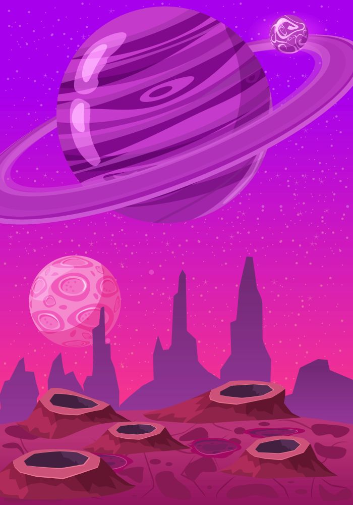 Fantasy concept space cartoon game background. Fantasy concept space cartoon game background. Fantastic sci-fi alien planet landscape for a space arcade game level design. Vector isolated