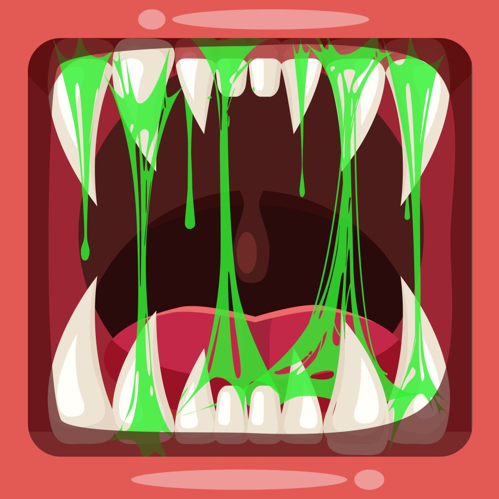 Predatory jaws of a monster with slime , green glue jelly. Predatory jaws of a fantastic horrible scary monster with slime , drooling, green mucus. Glue Jelly The substance is sticky, tension, elasticity. Cartoon style, vector, banner template, isolated.