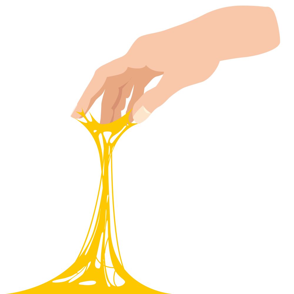Sticky slime, reaching for stuck by the hand between fingers. Sticky slime, reaching for stuck by the hand between fingers, white banner template. Glue Jelly The substance is sticky, tension, elasticity. Popular children s sensory toy vector illustration. Cartoon liquid slime isolated background. Abstract design element, isolated