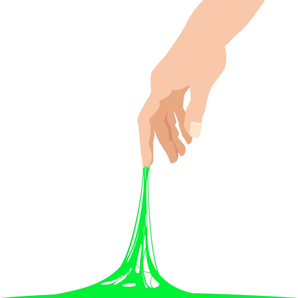 Sticky slime reaching stuck for hand, green banner template. Sticky slime reaching stuck for hand, green banner template. Popular children s sensory toy vector illustration. Cartoon liquid slime isolated background. Abstract design element, isolated