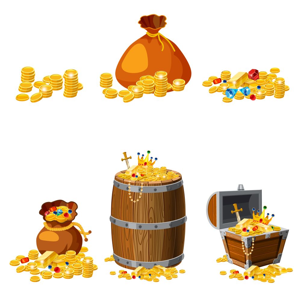 Set Treasure, gold, coins, bars jewels crown sword chest barrel. Set Treasure, gold, coins, bars, jewels, crown, sword, chest, barrel, vector, isolated, cartoon style, for games, apps, white background