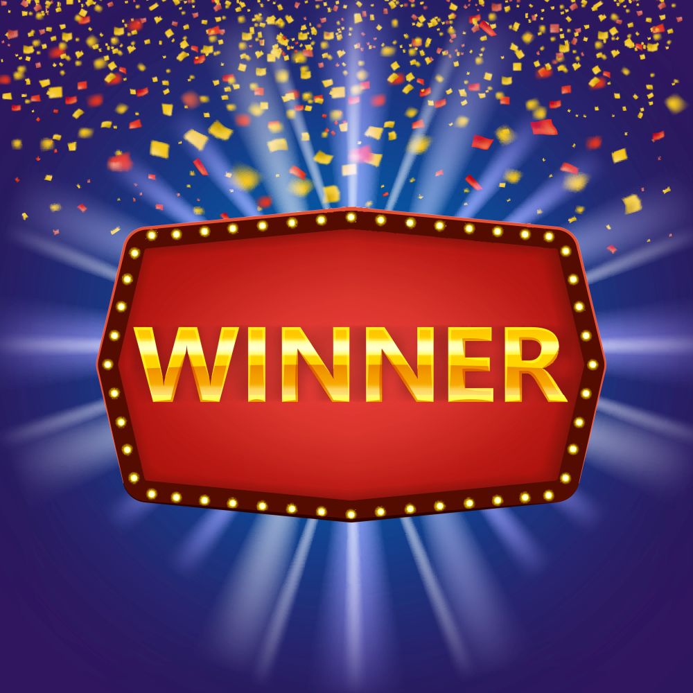 Winner frame label banner template. Win congratulations vintage frame with glowing lamps. Winner frame label banner template. Win congratulations vintage frame with glowing lamps, golden congratulating framed sign with falling gold confetti ribbons. Winners lottery game jackpot prize poker, cards, roulette and lottery. Vector background illustration