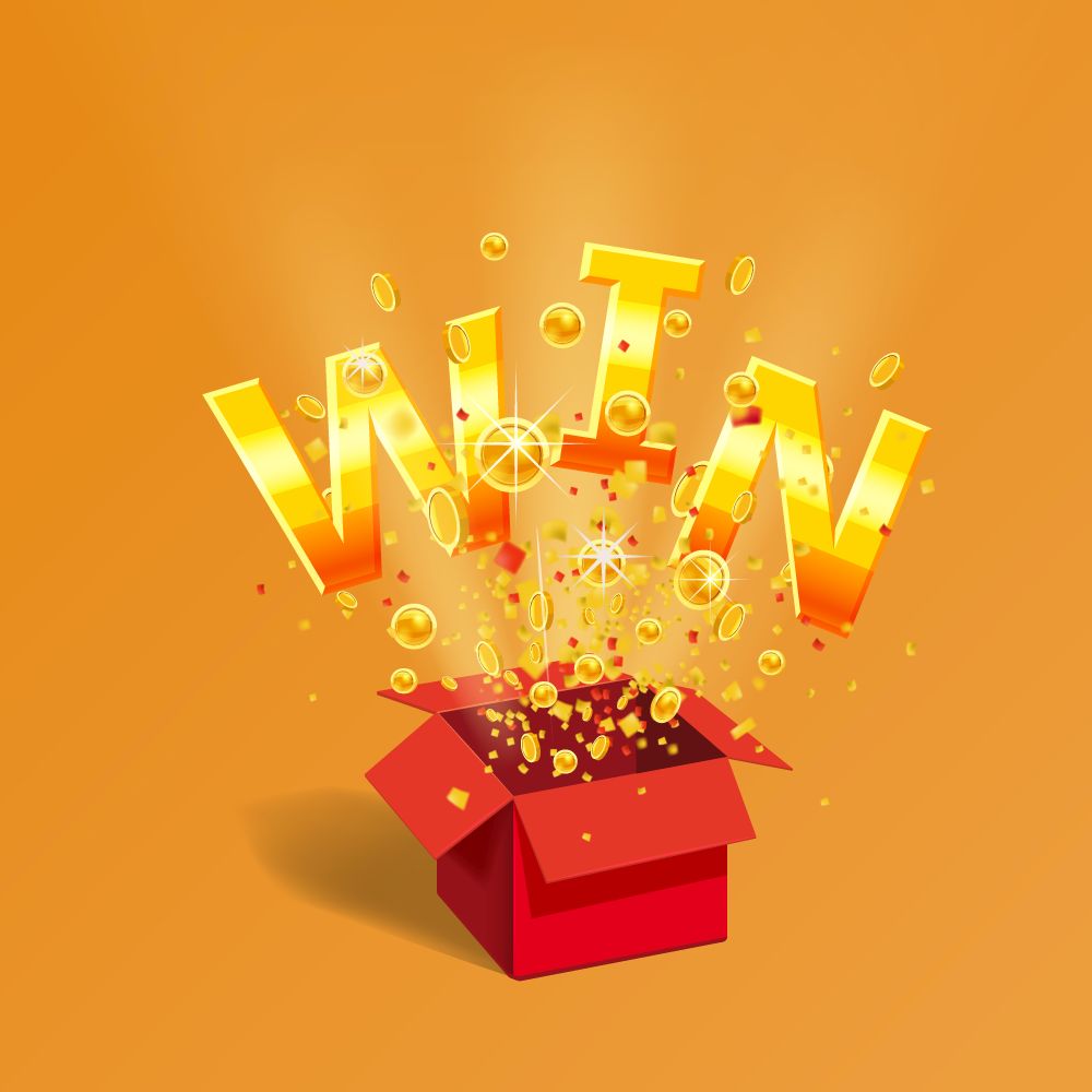Open red Gift box WIN gold text with confetti explosion inside. Open red Gift box WIN gold text with coins and confetti explosion inside. Flying particles foil burst. Lottery drawing advertising banner poster template. Vector illustration isolated